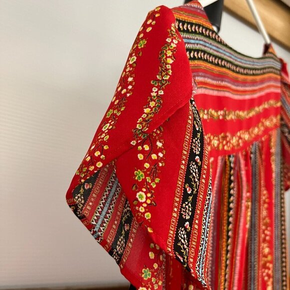 Loft Red Abstract Floral Stripe Scoop Neck Petal Short Sleeve Blouse Sz M - Picture 4 of 15